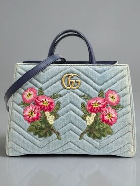 Gucci GG Marmont Matelasse Denim Floral Embroidered Small Tote Crossbody Bag
